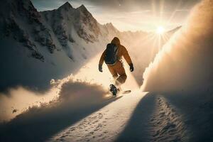 jung Mann Snowboarder Laufen Nieder das Steigung im alpin Berge. Winter Sport und Erholung. neural Netzwerk ai generiert foto