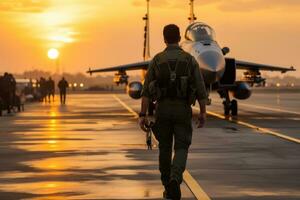 Pilot Gehen entlang das Runway Beleuchtung im das Hintergrund von ein Kämpfer generativ ai foto