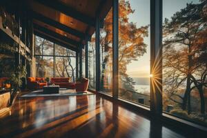 Leben Zimmer Innerhalb ein Wald Wohnung, groß Glas Fenster foto