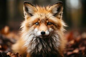 ein Nahansicht Schuss von ein süß rot Fuchs auffällig Gesicht, es ist konzentriert Augen, Dokumentarfilm Foto. generativ ai foto