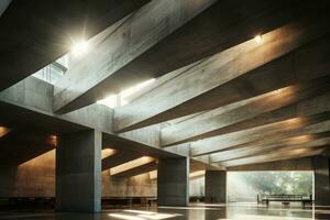 das Innerhalb von ein abstrakt Beton Gebäude mit zwei Strahlen von Licht Schlagen das Boden. generativ ai foto