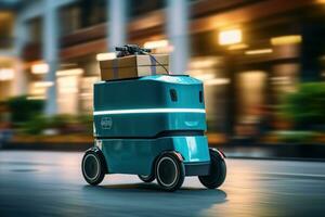 Roboter liefern Pakete zu Menschen Häuser, reflektieren das Zukunft. generativ ai foto