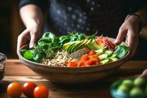 schließen oben von ein Frau vorbereiten ein Salat. generativ ai foto