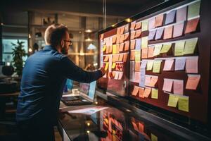 Menschen Teilen Ideen Konzept mit Papier Hinweis Schreiben Strategie im Büro. generativ ai foto