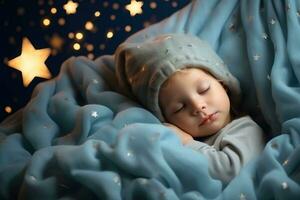 ein klein Kind ist Schlafen im Sanft Wolken, umgeben durch Raum, sternenklar Himmel und Frieden. generativ ai foto