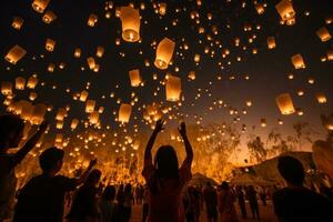 Menschen halten schwebend Laternen während yee peng Festival. generativ ai foto