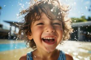 Porträts Gesicht Kind genießen Wasser Park, Wasser Spritzen. generativ ai foto