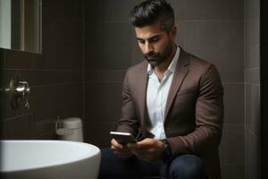 Mann Sitzung auf Toilette mit Handy, Mobiltelefon Telefon. generativ ai foto