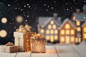 Weihnachten Geschenk auf hölzern Tisch. Weihnachten Dorf auf ein schneebedeckt Nacht im Jahrgang Stil. generativ ai foto