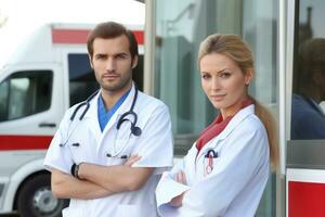 ein Mannschaft von Ärzte und Krankenschwestern Stand im Vorderseite von ein Krankenwagen. generativ ai foto