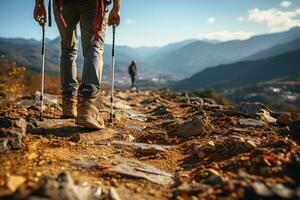 schließen oben von das Aktivität Wandern von ein Bein Gehen auf hoch Berg. generativ ai foto