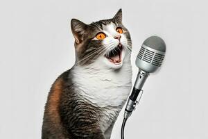 Katze Künstler singt in ein Mikrofon. neural Netzwerk ai generiert foto