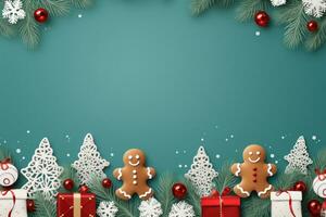 Weihnachten Banner mit etwas die Geschenke, Lebkuchen Mann Kekse auf Grün Hintergrund. generativ ai foto