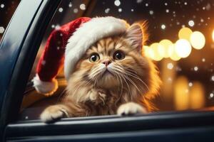 süß Katze im ein Santa claus Kostüm Weihnachten verschwommen Bokeh Beleuchtung. generativ ai foto