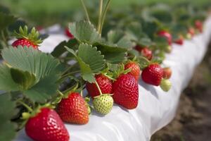 Busch von reif organisch Erdbeeren im das Garten. Beere Nahaufnahme. generativ ai foto