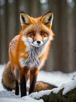 ein wenig Fuchs allein im ein schneebedeckt Wald foto