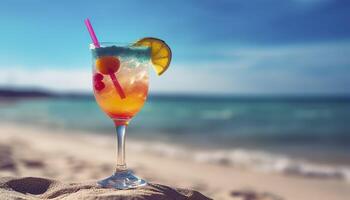 Cocktail Glas auf das sandig Strand in der Nähe von das Meer im Sommer- Zeit. generativ ai foto