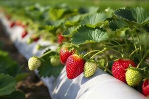 Busch von reif organisch Erdbeeren im das Garten. Beere Nahaufnahme. generativ ai foto