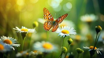 schließen oben hohe Auflösung Bild von Schmetterling auf Gänseblümchen Blume. generativ ai foto