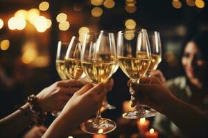schließen oben Hände freunde Toasten Weiß Wein beim Abendessen Party im Restaurant. generativ ai foto