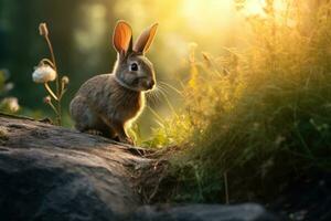 Nahansicht von süß Hase mit schön Bokeh Hintergrund, generativ ai foto