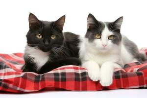 zwei schwarz und Weiß Katzen auf ein Plaid isoliert auf ein Weiß Hintergrund, zwei Katzen Lügen auf Plaid isoliert auf Weiß Hintergrund, schließen hoch, ai generiert foto