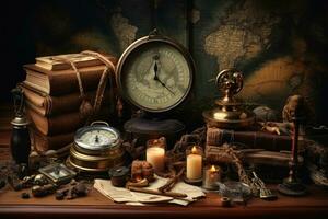 Jahrgang immer noch Leben mit alt Bücher, Kompass, Uhr und Leuchter, Jahrgang immer noch Leben mit Kompass, alt Karte, und andere Objekte, ai generiert foto