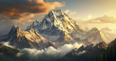 erkunden das atemberaubend Schönheit von hoch aufragend Berge und Flüstern Täler beim Dämmerung. generativ ai foto