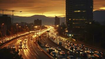Dämmerung Verkehr. das Geschäftigkeit von Sonnenuntergang pendelt. generativ ai foto