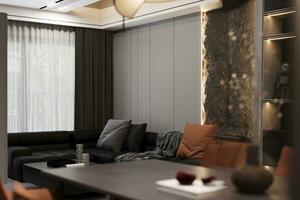 schwarz modular stilvoll Sofa Platzierung Nächster zu das Panorama- Fenster, 3d Rendern foto