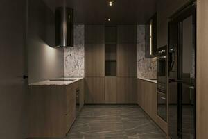 modern Küche Innere mit hölzern Zeug und Technologie, 3d Rendern foto