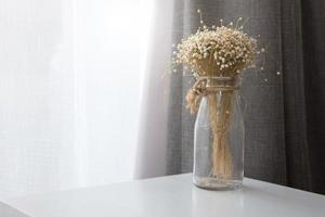 Trockenblume in transparenter Glasvase im Wohnzimmer foto