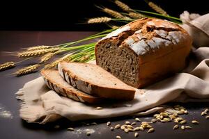 hausgemacht Vollkorn Brot auf hölzern Tafel Nahansicht Aussicht ai generativ Bild foto