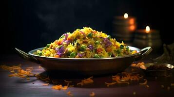 indisch Essen namens Gemüse Biryani auf ein aufwendig Keramik Teller im ein opulent indisch Restaurant. ai generativ foto