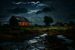 regnerisch Nacht im das ländlich Dorf mit wolkig Himmel ai generativ foto