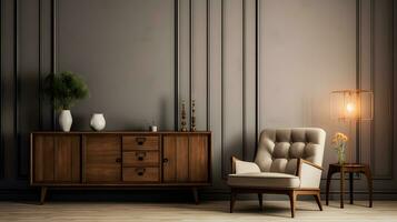 ein Zimmer mit ein Jahrgang Innere Design im das bilden von ein hölzern Kabinett und Sessel ai generativ foto