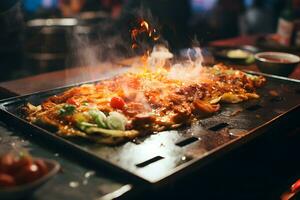 okonomiyaki im heiß Bratpfanne im beiläufig Teppanyaki Essen ai generativ foto