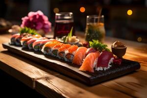 japanisch Essen - - Sushi im hölzern Teller im traditionell Sushi Bar ai generativ foto