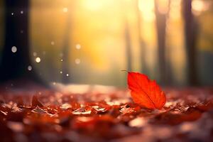 rot Blätter fallen im Wald, sonnenlichtgefiltert Herbst Hintergrund ai generativ Bild foto