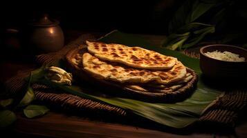 frisch gebacken indisch Essen namens Naan Brot auf ein gewebte Banane Blatt im ein rustikal indisch Küche mit ein erdig Farbe Thema ai generativ foto