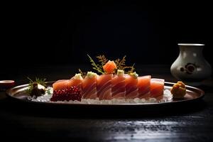 japanisch Essen - - Sashimi im elegant Teller im fein Essen Restaurant ai generativ foto