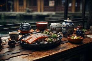 japanisch Essen - - unagi im traditionell Lackwaren im historisch Flussufer Restaurant ai generativ foto