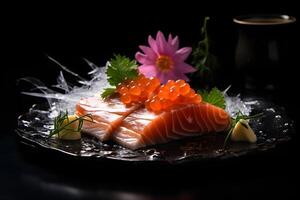 japanisch Essen - - Sashimi im elegant Teller im fein Essen Restaurant ai generativ foto