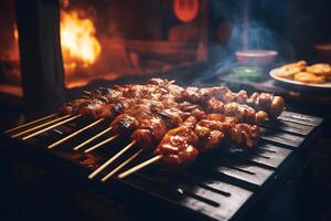 japanisch Essen - - Yakitori im Bambus Spieße im Izakaya Atmosphäre ai generativ foto