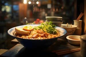 japanisch Essen - - Ramen im traditionell Keramik Schüssel im Ramen Geschäft Küche ai generativ foto