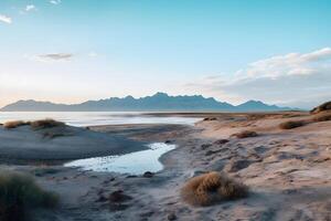 schön See Aussicht gegen das Hintergrund von Sand Berge - - großartig Salz- See im Utah im früh Morgen ai generativ foto