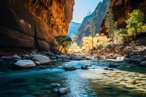 Fluss zwischen Felsen Klippen - - Zion National Park im Utah im gesprenkelt Sonnenlicht ai generativ foto