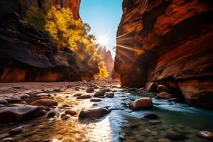 Fluss zwischen Felsen Klippen - - Zion National Park im Utah im gesprenkelt Sonnenlicht ai generativ foto