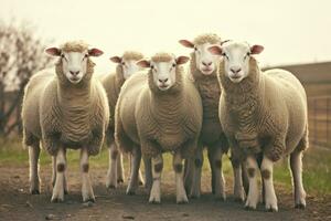 ein Gruppe von Schaf Stehen draußen. generativ ai foto