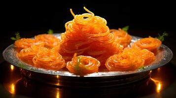 indisch Essen namens Süss Jalebi auf ein glitzernd Glas Teller im ein festlich indisch Markt mit ein beschwingt Farbe Thema ai generativ foto